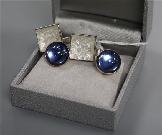 A pair of Lalique Arethuse silver and crystal cufflinks and a pair of blue cabochon and gilt cufflinks